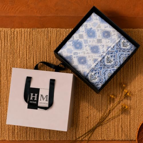 Image of HOMEMONDE 100% Cotton Reversible Dohar Double Bed Size | 300 TC AC Blanket Comforter | Soft Lightweight Bed Blanket Quilt | Premium Gift Box Included (84 x 94 Inch, Blue & White, Pack of 1)