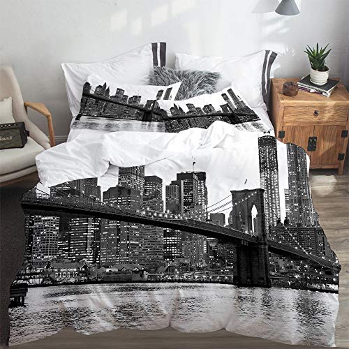 SUHETI Parure de lit Adulte,Housse de Couette,Brooklyn Bridge et Les toits de Manhattan dans la Nuit, New York City,1 Housse de Couette 220 x 240cm + 2 Taies d'Oreillers 50 x 75cm