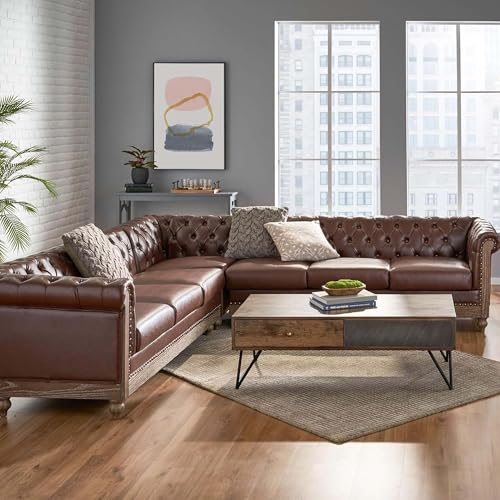 Image of Merax PU Chesterfield Sofa, Retro Upholstered 6 Seater Leather Rolled Arm Couch for Living Room Bedroom, Dark Brown