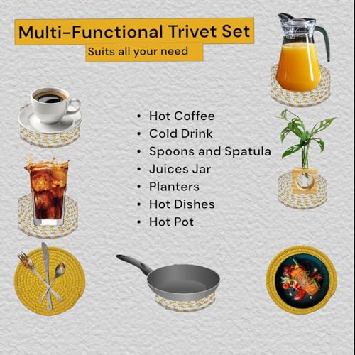 Image of Yellow Cotton Trivet Set of 3 for Dining Table, Centre Table, Side-Table, and Kitchen Countertop. Absorbent, Sturdy. Keep hot Pans and pots (18cms)