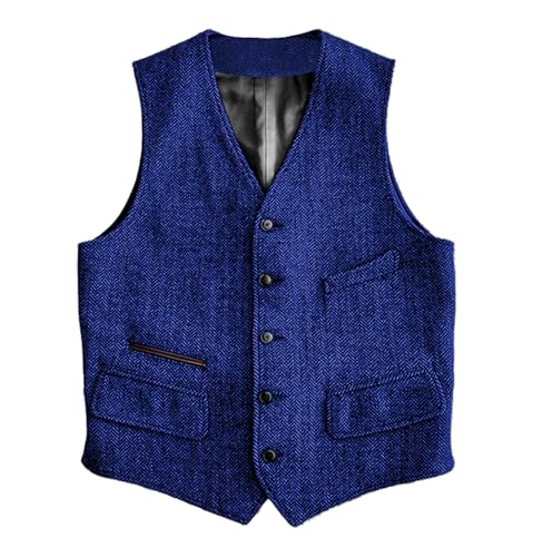 Image of SOLOVEDRESS Mens Vintage Classic Herringbone Pattern Suit Vest V Neck Casual Wool Blend Waistcoat for Men