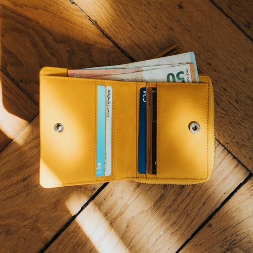 Image of BERLINER BAGS Genuine Leather Small Wallet Women Sara, Gift Box - Yellow | Soft Leather Bifold Zip Wallet, Fits Purses & Crossbody Bags, 8 Card Slots, Zipped Coin Pocket, RFID Blocking
