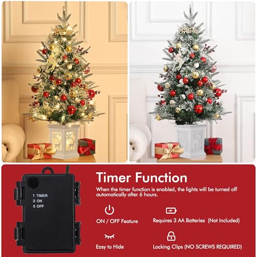 3 Ft Pre-Lit Christmas Tree, Artificial Christmas Trees with Lighting Elk Base, Snow Flocked Xmas Trees with 70 LED Lights, Battery Operated and Timer Function, Christmas Decoration for Home by GAOMON - Image 7