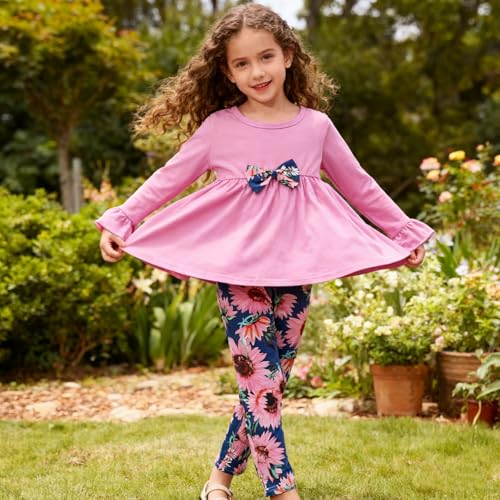 Image of Kids Toddler Girls Clothing Set Long Sleeve Top With Bowknot ＋Floral Print Pants 2 Pcs Fall Outfits Set