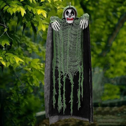 Pop The Party Spooky Hanging Skeleton Ghost Decoration with Green Tattered...