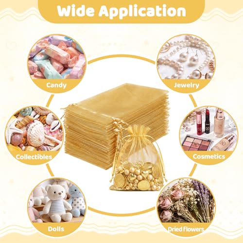 Image of FUNFERY 100Pcs Gold Organza Bags 3x4 in,Small Mesh Drawstring Gift Bag | Little Jewelry Bags for Wedding Party Favors, Mini Drawstring Pouch for Sachet, Candy, Goodie, Treat Bag for Easter Day