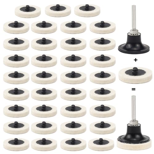 FAELNK 35 Pcs Rueda de Pulido de Lana 2 Pulgada 50mm Disco para Pulir + 1 Disco de Varilla Disco de Fieltro para Pulir para Trabajos de Limpieza y Pulido