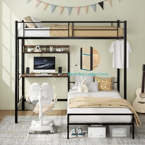 Bellemave Twin Over Twin bunk Bed with Desk, loft Bed with Desk and Shelves, Twin Over Twin Metal Bunk Beds with Charging Station, Black