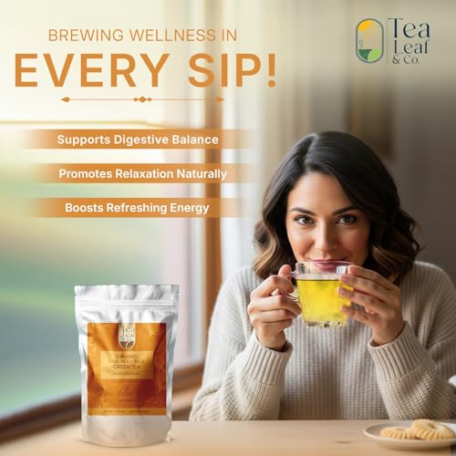 Image of Tealeaf & Co. Turmeric Tulsi Holy Basil Green Tea - Turmeric, Tulsi & Peppermint Tea Blended with Fresh Herbs & Spices - Low Caffeine & Vegan - 100 Teabags (7.055oz /200gm)