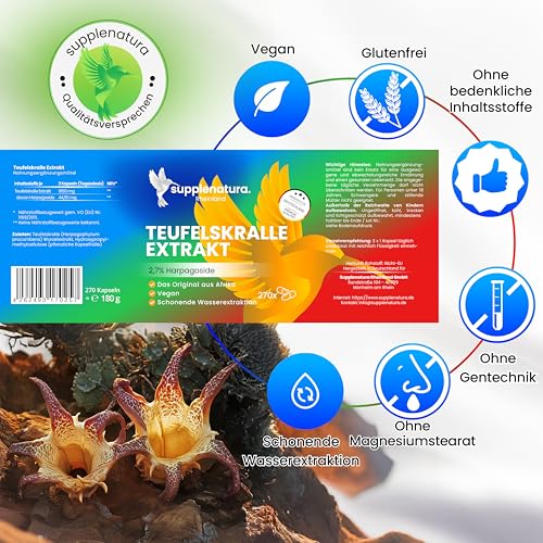 Teufelskralle Kapseln (Extrakt) | 270 Kapseln | PREMIUM: 2,7% Harpagoside | 1650mg pro Tag | Vegan & Laborgeprüft - SUPPLENATURA®