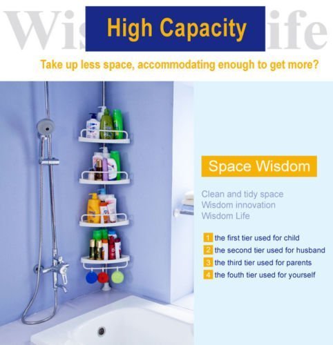 H&A Adjustable Ivory Shower Caddy Bathroom Constant Tension Pole Corner with Rustproof Tray (Ivory)