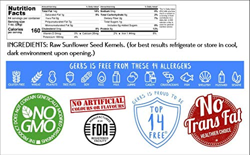 Gerbs Raw Sunflower Seed Kernels No Shell 4 Lbs., Top 14 Allergy Free Foods, Healthy Superfood Snack, Non Gmo, No Oils, No Preservatives, Resealable Bag, Gluten Free, Peanut Free, Vegan, Keto, Kosher #TOP6