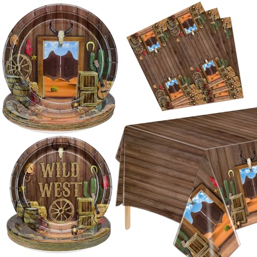 Décorations De Fête Western - Assiettes, Serviettes, Nappe Pour Anniversaire Cow-boy - 61 Pièces