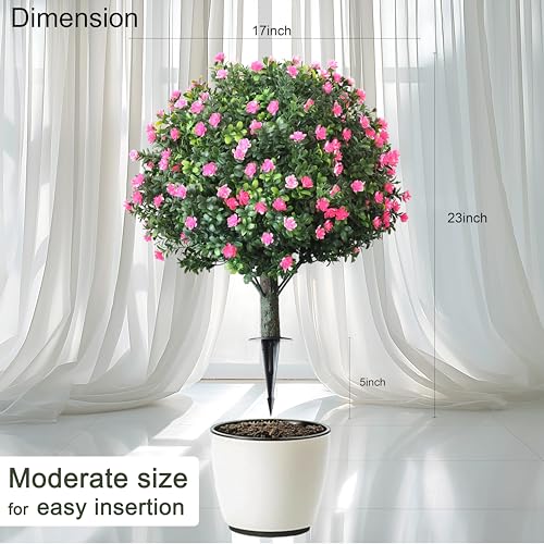 2-Pack Artificial Boxwood Topiary Ball Plant with Pink Flowers, Ground Stake, UV-Resistant Outdoor & Indoor Decorative Flowers - Image 3