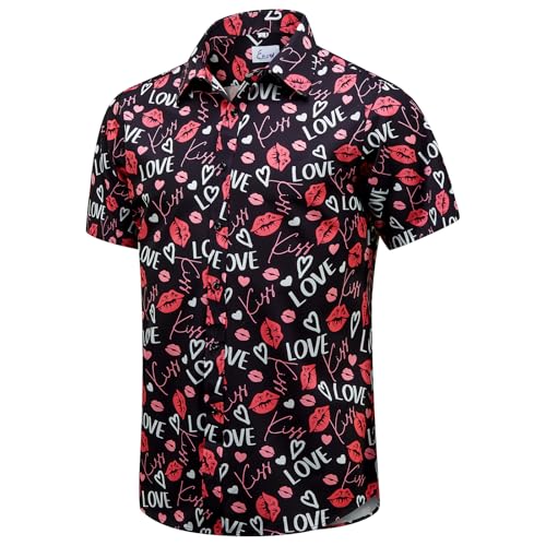 EUOW Valentine’s Day Button Up Shirts for Men Fun Heart Printed Casual Short Sleeve Hawaiian Tropical Shirt(Valentines Kiss XL