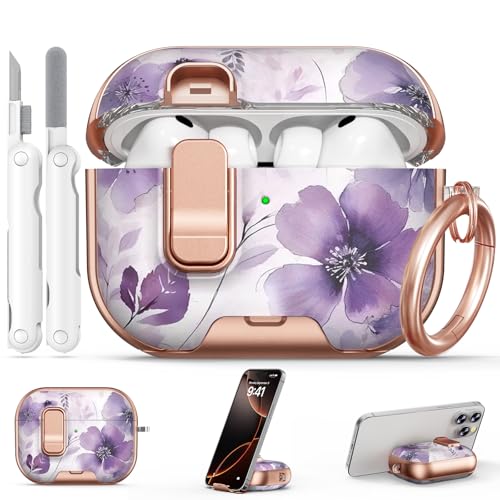 Image of for AirPod Pro 3 Case 2025, with Safty Lock & Phone Stand for Floral AirPod Pro 3 Generation Case Cover for Women Girly, iPod Pro 3 Cases with Keychain & Cleaner Kit -Purple Ink Wash Flower