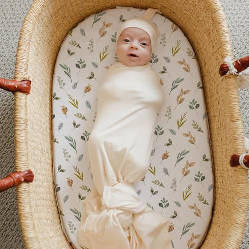 Image of Stretch Fitted Bassinet Sheet Set BROLEX 2 Pack Cradle Sheets for Bassinet Pad /Mattress,Unisex Boys Girls,Ultra Soft,Rose Foliage