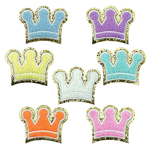 Saktopdeco 7 Pcs Crown Patch Cute Chenille Patches Glitter Golden Edges Iron On Patch Sew On Embroidery Patches For Clothes Diy Craft #TOP26