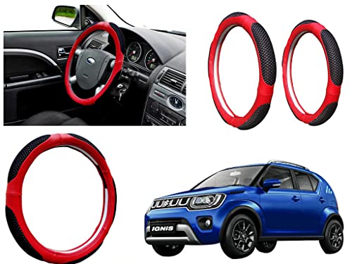 Image of Microfiber Car Steering Wheel Cover, Soft Padding Great Hand Feel, Anti-Slip, Faux Leather Steering Cover for Maruti Suzuki Ignis 2020 | Black Red Jali - Pack of 1