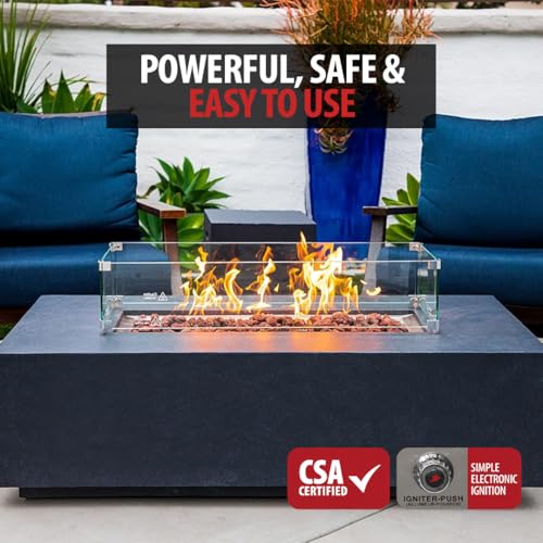 Image of AMS Creations | Chelsea 55 inches Rectangular Propane Gas Outdoor Fire Pit Table | Concrete GFRC Fire Pit Table | with SS Burner, Tank Cover, Canvas Cover, SS Lid, Lava Rock, and Wind Guard Included