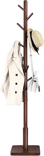 VASAGLE Perchero de madera maciza, árbol de pasillo de madera, perchero con 8 ganchos, base cuadrada estable, 3 opciones de altura, para sala de