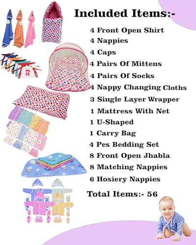 Image of Toddylon New Born Baby Essentials Kit 56 Combo Set (0-6 Months) | Newborn Baby Hospital Bag Kit | Infant Combo Set for New Born | Newborns Baby Dress & Clothing Set | Infants Essentials Kit (Pink)