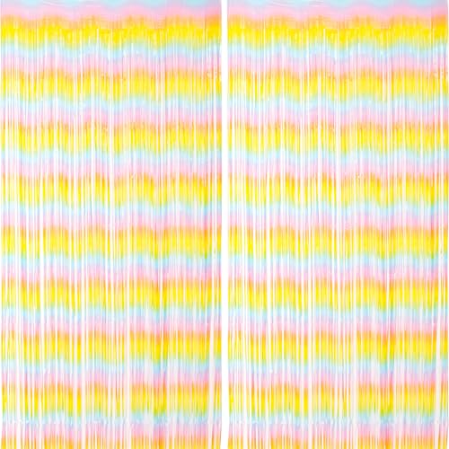 Image of Voircoloria 2 Pack Pastel Rainbow Foil Fringe Backdrop Curtains, Tinsel Streamers Birthday Party Decorations, Fringe Backdrop for Baby Shower, Gender Reveal, Birthday Party
