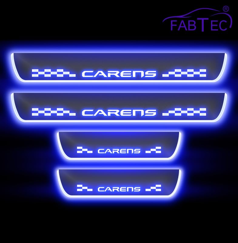 Image of FABTEC Car Door Foot Step Sill Plate with Mirror Finish LED Compatible with Kia Carens Set of 4pc, Blue (6 Month Warranty)