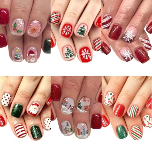 6Pcaks（144Pcs）Christmas Press on Nails Short Square Holiday Fake ...