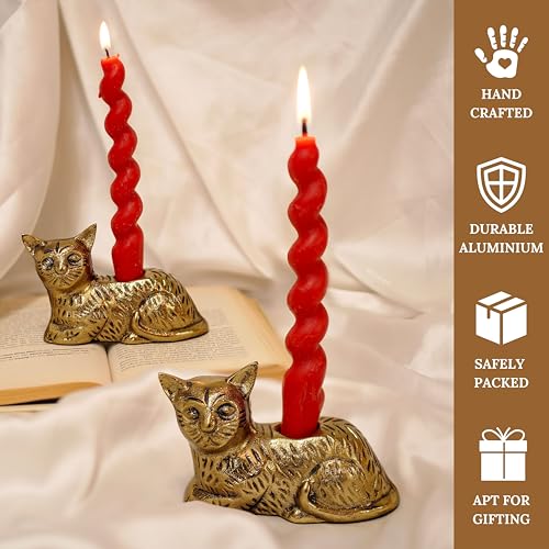 Image of BEHOMA Aluminium Cat Candle Holder Statue Set of 2 | Antique Gold Decorative Figurine for Home Decor, Table, Living Room | Best Gift Item for Anniversary, Wedding, House Warming, Return Gift
