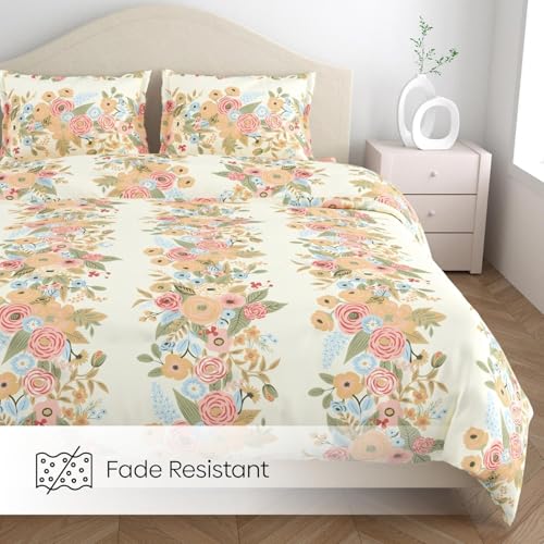 Image of Haus & kinder Double Bedsheet for Queen Size Bed | 90 x 100 Inches 144 TC Cotton Bedsheet for Double Bed with 2 Pillow Covers - Vintage Peony