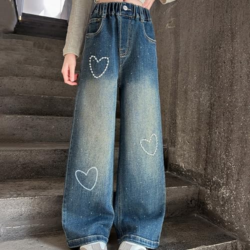 Baggy Heart Embroidery Jeans for Youth Girls Wide Leg Elastic High Waist Denim Pants Kids Girls Cute Trendy Trousers4