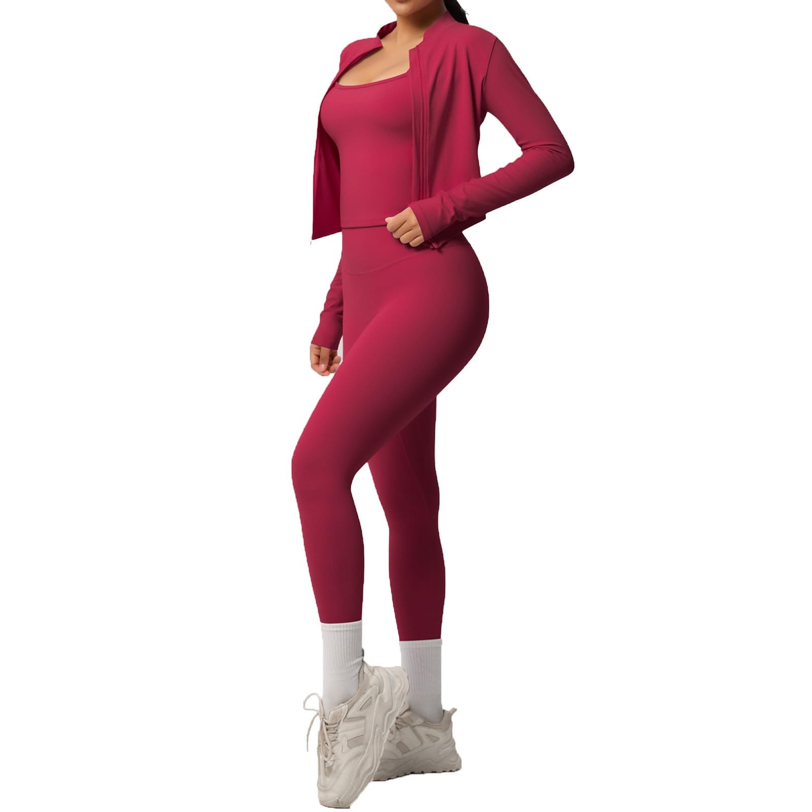 Set sportivo da donna, 3 pezzi, con giacca sportiva, leggings + reggiseno sportivo, per fitness, yoga e pilates, allenamento sportivo, tinta unita