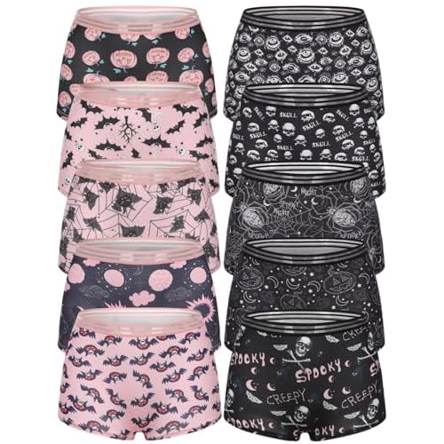 Morvia 10 Pack Variety of Gothic Print Boyshorts Underwear, High Waist Elastic Band, Assorted Halloween Skull Spooky Patterns XX-Large Pink & Black