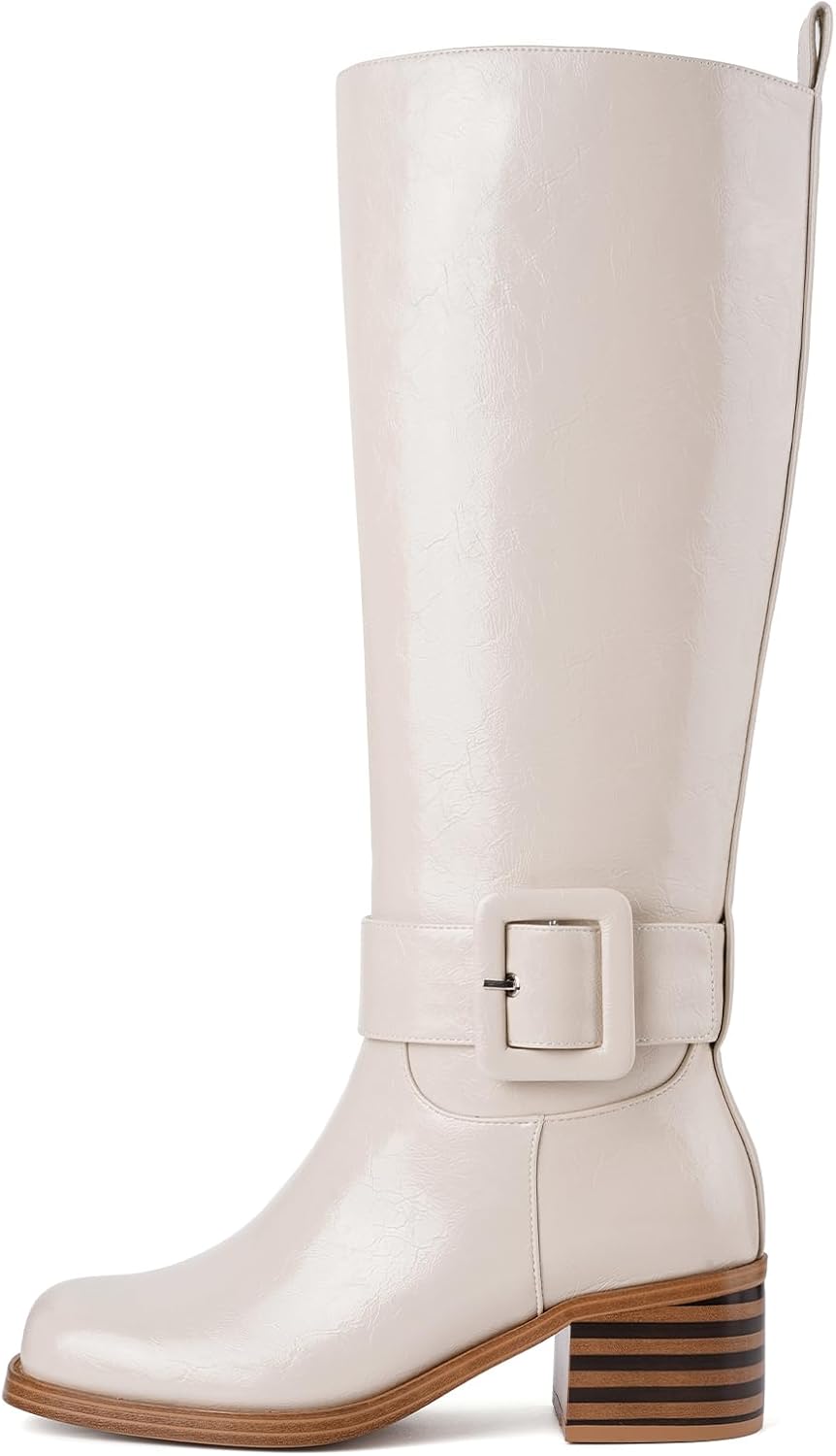 Brown Knee High Boots Round Toe Chunky Low Heel Pull On Riding Long Boot Comfortable Tall Campus Boots for Women
