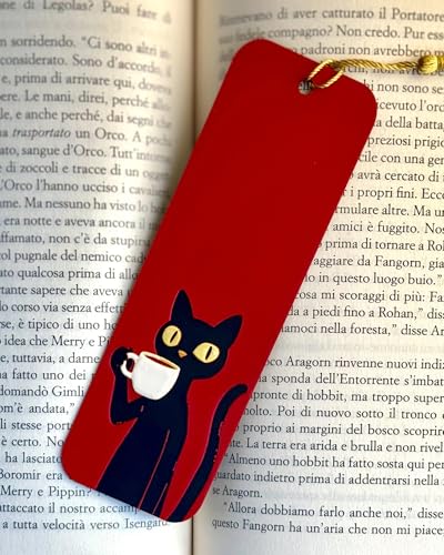 Image of Set of 3 Premium Bookmarks | Great Wave Hokusai Art Inspired, Anime Inspired & Koi Fish | Elegant Frame with Tassel | Perfect Gift for Readers & Collectors | Durable Bioplastic (Chill Cat with Coffee)