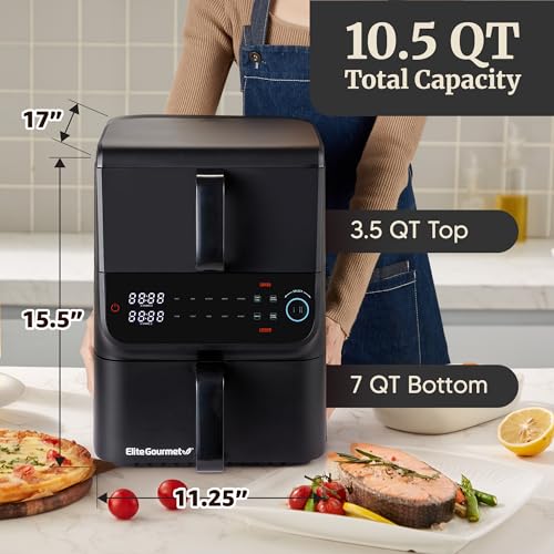 Image of Elite Gourmet EAF6535 Dual Stacked Air Fryer, 10.5Qt, 1700W, Black | Family Size - PFAS-Free Dishwasher-Safe Nonstick Baskets - Sync Cook & Finish - 10 Presets