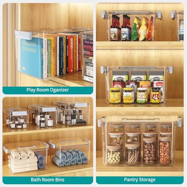 Plastic Storage Bins with Lids Stackable organization and Storage Containers for Organizing Snacks, Crafts, Tools Clear Storage Box with Latching handle(Clear, 2PCS-4.5QT 2PCS-8.5QT)