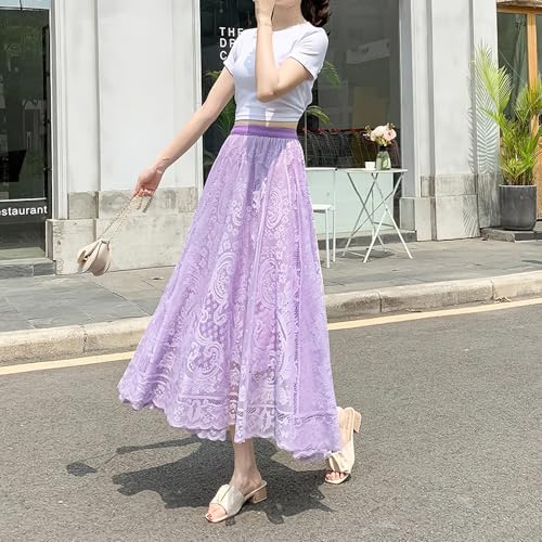 chouyatou Women's Lace Crochet Eyelet Dress Patterned Ruffle Flared Elastic Waist Flowy A Line Midi Skirt3