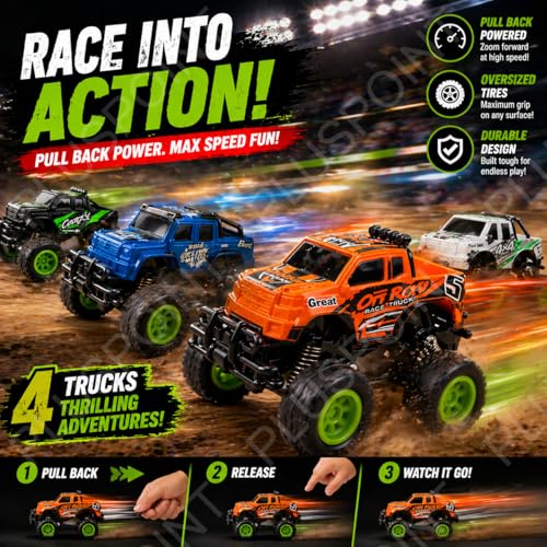 Image of PLUSPOINT 4 Pack Die-Cast Monster Trucks for Kids, Pull Back Toy Cars 1:48 Scale, Metal Body Off-Road Big Tire Trucks with Shock Absorbers, Durable Mini Monster Truck Set for Boys and Girls Ages 3-8