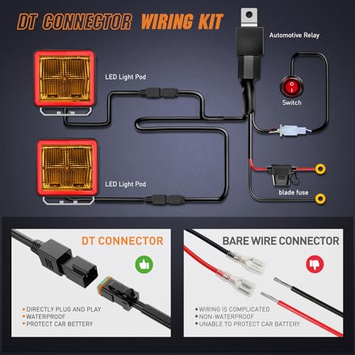 Image of Nilight 3 Inch Cube Amber LED Pod Light Bar 20 W 1240LM Super Flood Screw-Less Offroad Driving Work Lights w /16AWG DT Wiring Harness Kit for Truck UTV 4x4 ATV Motorcycle