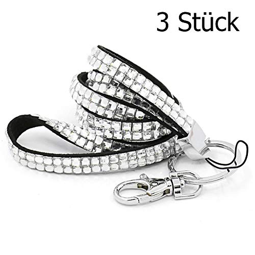 ELENKER 3x Bling Schlüsselband mit Rhinestone Strass ID Badge Holder mit Karabinerhaken Schlüsselring Silbern
