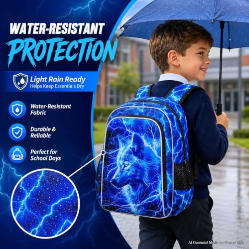Image of 3Pcs Wolf Backpack for Boy, 17 inch Lightning Bookbag for Elementary Preschool Kindergarten, Kids School Backpacks with Lunch Box (Blue)