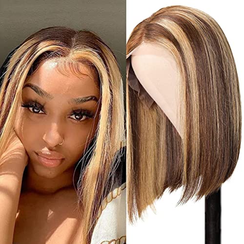 Ombre Lace Front Wig Human Hair Highlight 4/27 Honey Blond Colored Short Bob Wig Brazilian Human Hair Wigs for Black Women 13x6x1 T part Lace Front Pre Plucked With Baby Hair 150% Density 12 Inch