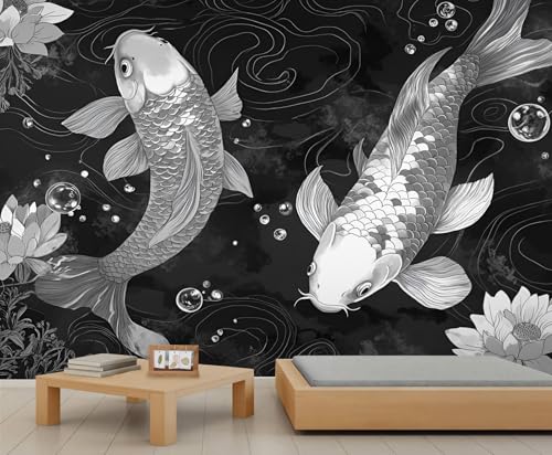 DUPIELU Koi Fish Mural Wallpaper, Black White Koi Fish Murals, Modern Stylish 3D Murals Wallpaper for Living Room Bedroom Decor Mural - 78' W x 39' H (Not Peel Stick)