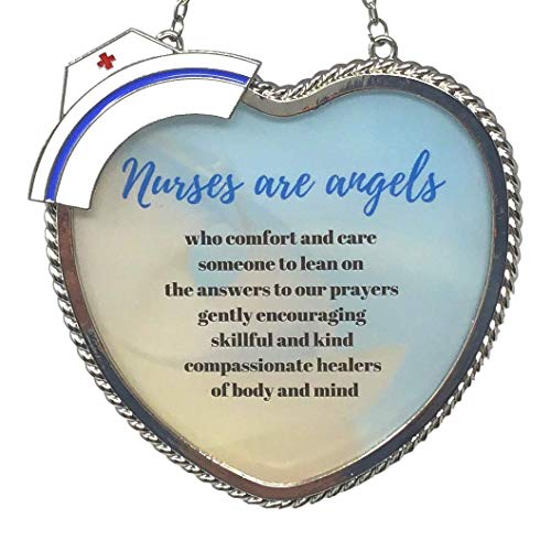Nurses are Angels Sun Catcher - Saying Printed on Heart Shaped Glass - Enameled Nurse's Hat Accent with Silver Chain for Hanging - 4.5 Inches