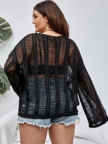 Floerns Women's Plus Size Crochet Sweater Cover Up Top Hollow Out Long Sleeve Asymmetrical Neck Mesh Shirt Pullover Top2