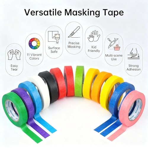 Image of Colored Masking Tape -Vibrant Rainbow Color Teacher Craft Tape, Painter's Tape, Great for Art, Lab,DIY Projects, Labeling & Classroom Decorations (11, Multi-Color, 0.94 Inch x 60yds)