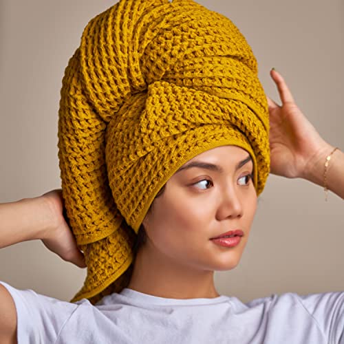 Onsen Complete Bath Towel Set - Waffle Weave 100% Supima Cotton Towel - Lusciously Soft, Durable, Fast Absorbing Waffle Towel Bath Towel, Ochre #TOP3