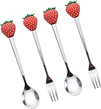 Cabilock Conjunto de talheres com 4 peças, aço inoxidável, frutas, morango, colher de café, aperitivo, garfo, misturar, mexer, colher de sobremesa, conjunto de talheres